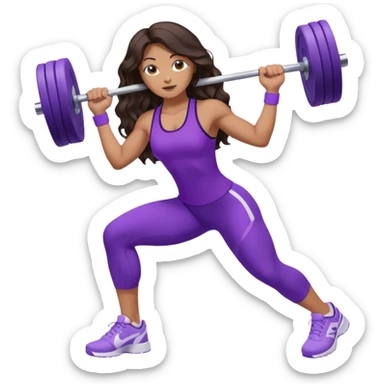 mujer de tez trigueña, con cabello castaño oscuro ondulado hasta la cadera estilizado, con ropa deportiva morada/lila, tenis blancos deportivos y levantando una pesa sticker