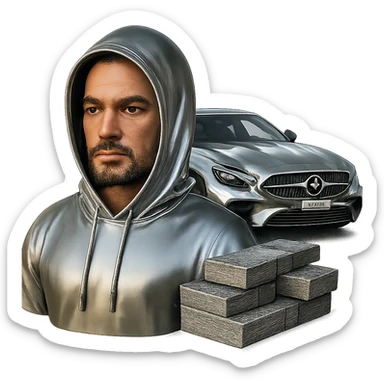 Make only the Indian man's hoodie chrome, keeping his skin and face natural. Add a goatee to the man. Include money on the side and a chrome AMG car in the scene. Keep the background transparent. sticker