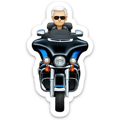 angled frontend view of a harley davidson electra glide ultra classic with big blue pearl and vivid black two color paint scheme with recurve windshield, a radio antenna and a citizen's band radio antenna and an older white man without a helmet sitting on the front seat. sticker