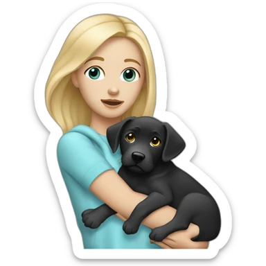 A blonde girl  with blues eyes, with smooth hair and a ray,she has light skin a few freckles, and she wear a hoodies and she Carries in his arms a black baby labrador dog  sticker