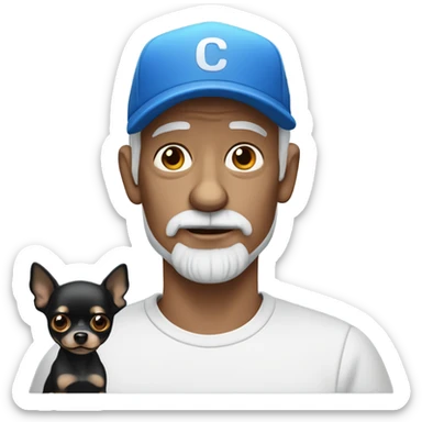 Old man blue eyes with goatee in ball cap holding black long haired chihuahua  sticker