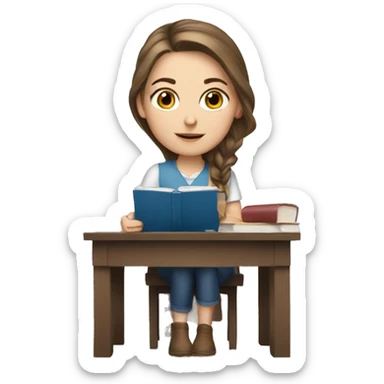white girl studying at a desk, brown hair, blue eyes sticker