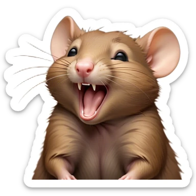 Cinematic Cute Yawning Brown Rat Portrait Emoji, Head tilted slightly with a dramatic, wide-open yawn, showcasing a soft, sleek brown coat with tiny drooping ears and half-closed eyes in drowsy contentment, Simplified yet irresistibly adorable features, highly detailed, glowing with a soft, cozy glow, high shine, relaxed yet expressive, stylized with a dash of urban charm, soft glowing outline, capturing the essence of a sleepy yet affectionate rat that seems ready to stretch out for a nap! sticker