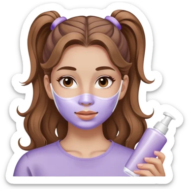girl with wavy light brown hair ponytail applying lilac skincare mask sticker