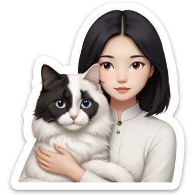 A young Chinese woman with shoulder-length black hair, styled in a sleek center-parted (4/6) cut, gently holding her fluffy white Ragdoll cat. The cat has a small black birthmark on the right side of its nose. The woman has a calm and loving expression as she embraces her pet. The background is soft and warm, creating a cozy and affectionate atmosphere. The image is detailed and realistic, highlighting the textures of the woman's hair and the cat's plush fur. sticker