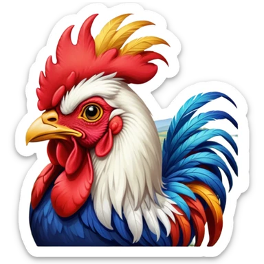 Cinematic Realistic depiction of a proud French rooster, rendered with detailed, textured feathers and a vivid, colorful comb, set against a rustic French countryside backdrop with soft, warm lighting sticker