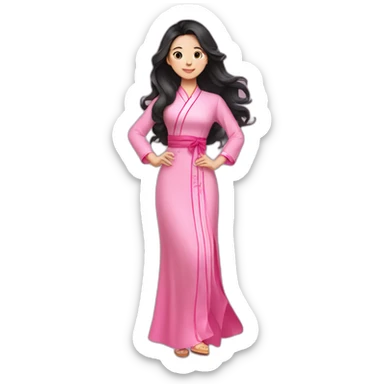 attractive Vietnamese girl with wavy black hair posing with pink ao dai full body sticker