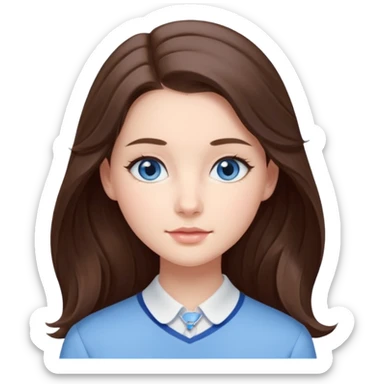 Realistic Student Portrait, with porcelain-like skin featuring a natural rosy flush, iHer Brunette Half-Up Style for Straight  hair flows in soft, Her deep blue eyes radiate warmth and innocence,  wear light blue preppy style. sticker
