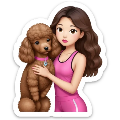 a asian lady with long balayage hair, long lashes, kissing a brown poodle, wearing pink gym outfit sticker