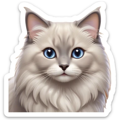 Cinematic Adorable Fluffy Grey Ragdoll Cat Portrait Emoji, Head tilted cutely with big, sparkling eyes, soft grey fur with lighter tones around the face and paws, Simplified yet irresistibly adorable features, highly detailed, glowing with a soft, warm glow, high shine, affectionate and playful, stylized with a touch of whimsy, bright and endearing, soft glowing outline, capturing the essence of a curious and loving kitten, so cute it feels like it could leap out of the screen and snuggle up for a cuddle! sticker