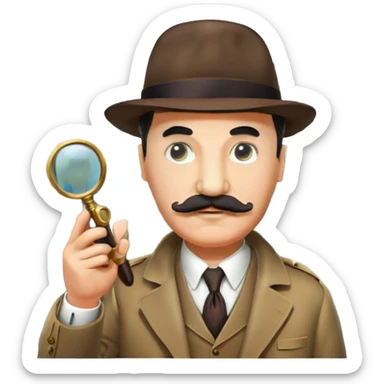 A colorful collage featuring Detective Poirot Detective Poirot with a long curling moustache, with a magnifying glass, revolver and a mysterious city backdrop. Include a board with photos of suspects, fingerprints, and a crime scene. Retro movie poster style. Transparent background. sticker