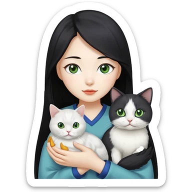 A pretty Korean woman with long black hair, white skin, holding a gray-lined green-eyed cat and a white blue-eyed blind chicken cat
 sticker