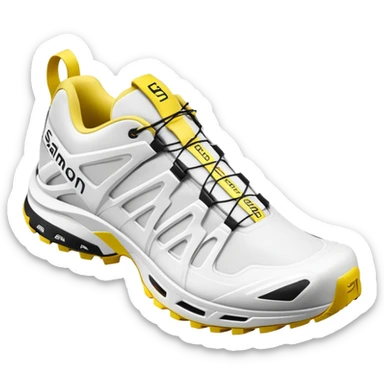 Clean white Salomon XT-6 with only a yellow colored stripe running through the center, one shoe positioned behind the other, entirely white except for the colored middle line sticker