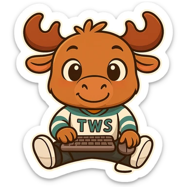Edit the older chibi moose to use a keyboard and mouse instead of a game controller. Keep the shoes, 'TWS' hockey jersey, mature face, confident expression, and maintain the cute chibi style. Remove the background. sticker