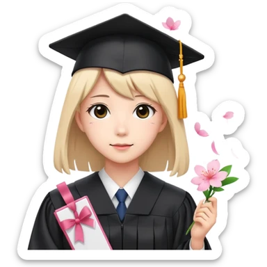 Japanese high school girl in graduation ceremony with diploma and sakura petals sticker