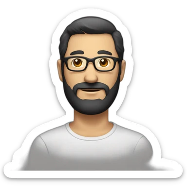A middle-aged man with a face with a black beard and black hair, wearing black-rimmed glasses and a man's shirt sticker