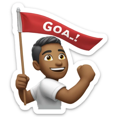 an emoji celebrating a goal, holding a flag in one hand, with the word 'GOAL!' in bold, festive letters. The emoji should show excitement and joy, as if celebrating a major victory." sticker