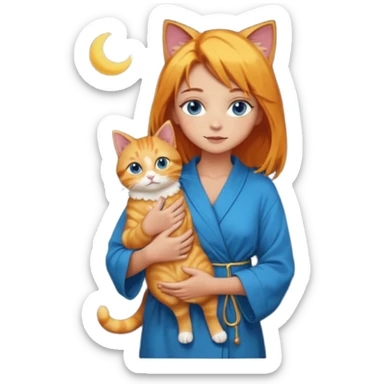 lightly tanned skin, blue eyes, cute and sexy girl with bright yellow-brown hair in a dark sky pallete robe, golden rings, slight cute makeup, full body, slightly turned aside pose, holding a cat in hands sticker