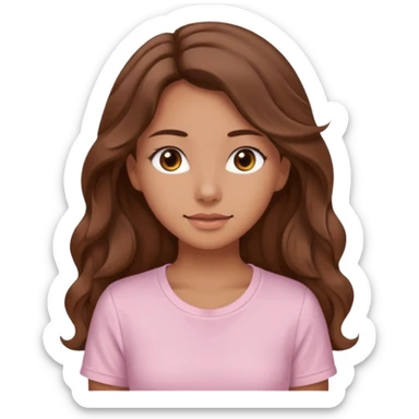 A pretty girl with tan skin and long brown wavy hair, wearing a very light pink basic shirt with brown eyes sticker