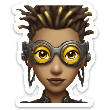 Brown with yellow streaks Mohawk hair female cyborg head, tan skin, steampunk goggles and circuits sticker