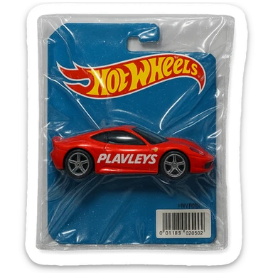 Hot Wheels blister pack with red Ferrari, 'PLAVLEYS' in bold slanted racing letters on the car, shiny and inflated vacuum-sealed style sticker