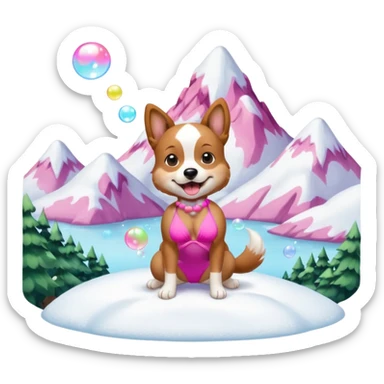 dog wearing a bikini blowing bubbles on a snowy moutian  sticker