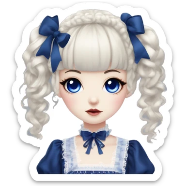 Japanese pale woman with dark blue curly pigtails and bangs, royal blue lips and eyeshadow, long eyelashes, blue eyes, black Lolita dress with laces and ribbons, gothic Lolita doll look sticker