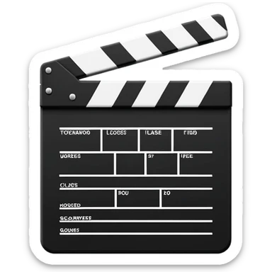 Minimalist closed clapperboard in black and white, straight geometric lines, iOS emoji design with zero unnecessary details sticker