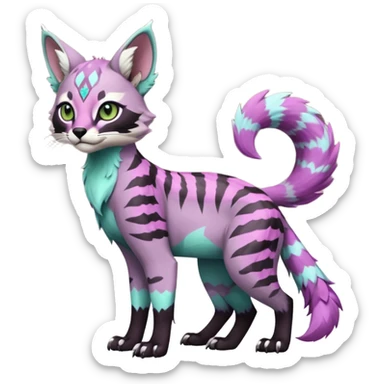 Cute kawaii cool edgy badass Colorful pale minty lilac onyx fruity glorious exotic neon vibrant zigzagged fantasy-caracal-civet-genet-sergal-vernid-Gryphon-Cacomistle-Trico-oncilla-animal-Fakémon-hybrid-fursona (full body), facial markings, (realism style) sticker