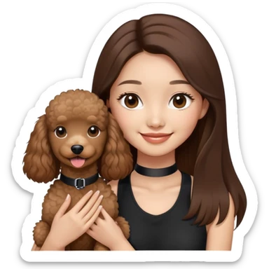 a asian girl with long brown straight balayage hair, long lashes, smiling, wearing black halterneck top, and holding a brown poodle sticker