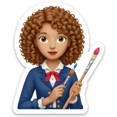 Woman with curly hair and tan/light brown skin dressed in French Parisian outfit holding a paintbrush.  sticker