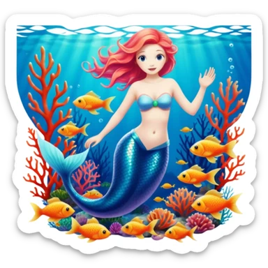 The most incredibly beautiful mermaid swimming underwater, with realistic bright, vividly colored fish, pretty realistic detailed coral, still life highly detailed 2D design sticker