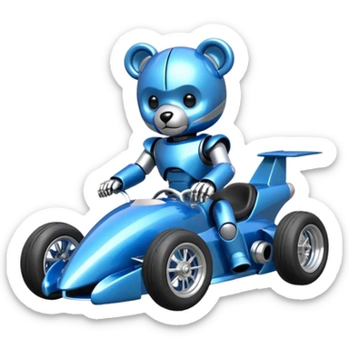  Metallic blue and lightly chrome-accented  kid-sized race car for scary robot teddy bear with custom aero body and rear wing and motorcycle-sized wheels  sticker