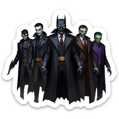 Icon for Thriller Movies: A large, dramatic collage featuring sinister villains and zombies in dark clothing. The background shows the gloomy cityscape of Gotham with dim lighting and eerie shadows. The atmosphere should be tense, mysterious, and suspenseful. Transparent background. sticker