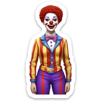 JoJo Tickle (Jojo's circus) female clown white skin, clown red nose, red hair, short hair, blue barret with covered red pompom, yellow shirt with covered paint splatters purple and blue pattern, red pants with orange stripes and white red big shoes sticker