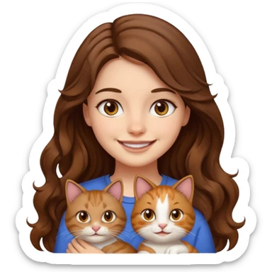 a girl with long wavy brown hair and brown eyes smiling with a cat beside her, emoji style sticker