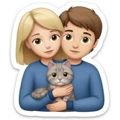 Blonde girl and brown Hair boy in love hugging a grey scottish fold cat sticker
