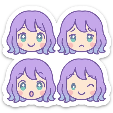 Create four emoticon faces of the referenced girl in anime style: happy, sad, surprised, and winking expressions. Use a transparent background. sticker