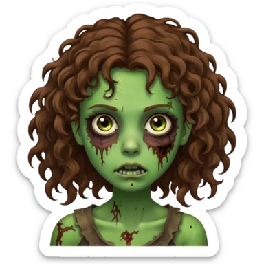 Faça uma garota zombie de cabelo cacheado castanho, olhos castanhos escuro e pele verde d zombie, com o cabelo abaixo do ombro sticker