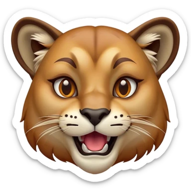 Cinematic Comical Cougar Portrait Emoji, Head tilted dramatically with an exaggeratedly amused expression, featuring a striking tawny Fur with bold dark accents and wide, expressive amber eyes filled with playful disbelief, Simplified yet hilariously expressive features, highly detailed, glowing with a slightly sassy glow, high shine, dramatic yet playful, stylized with an air of cheeky wilderness mischief, bright and endearing, soft glowing outline, capturing the essence of a spirited and over-the-top cougar, so meme-worthy it feels like it could pounce its way into internet fame instantly! sticker