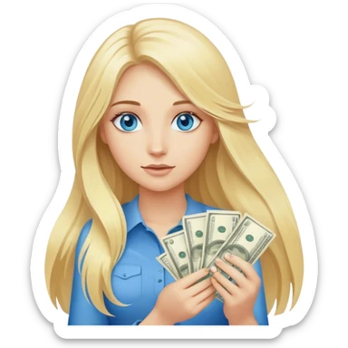 Cinematic realistic blonde with long hair, blue eyes holds money in her hands sticker