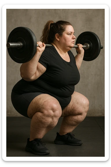 donna grassa con lipedema alle gambe che fa uno squat di profilo con bilanciere, IPERREALISTICA 4K sticker