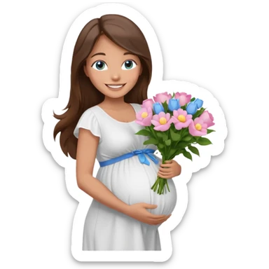 Create a cute emoji-style illustration of a young brunette woman with long brown hair, blue eyes, and a happy smile. She is pregnant, shown with a visible baby bump, wearing a simple white dress and holding a small bouquet of flowers. She looks excited and joyful, as if she's about to marry soon. sticker