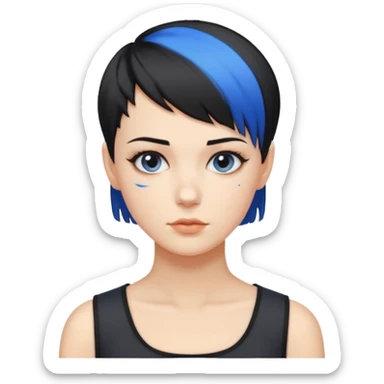 frau freche extreme schwarze Kurzhaarfrisur eine Seite wirklich fast keine Haare andere Seite mit blauer Strähne sticker