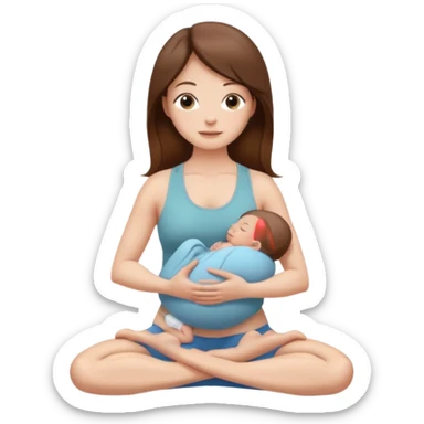  woman sitting in a yoga pose with long brown hair and fair skin, holding a newborn baby with short brown hair and fair skin." sticker