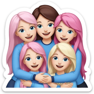 four adult white women laughing and hugging.  Two have long dark brown hair.  One has long pale pink hair and blue eyes. one has with blue eyes and light blonde hair. sticker