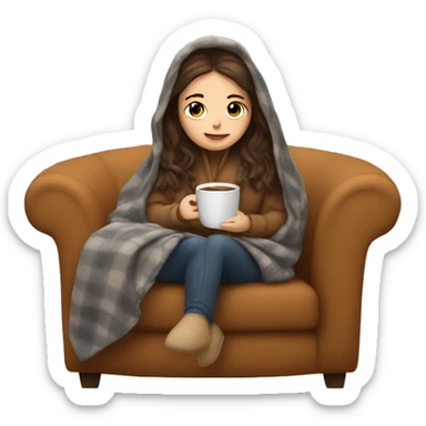 Brunette white girl covered in blanket autumn vibe sitting on a cozy chair holding coffee sticker