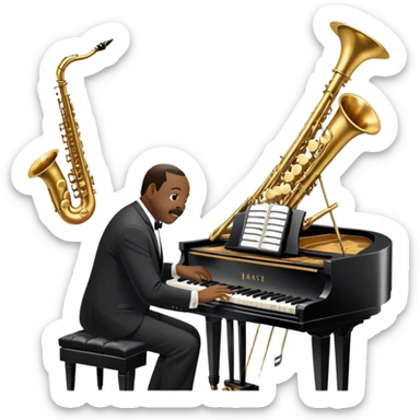 Icon for Jazz Music: Count Basie Orchestra, with Count Basie at the piano surrounded by jazz musicians playing instruments like saxophones, trumpets, and drums. Floating musical notes should capture the energetic and smooth vibe of big band jazz. Transparent background. sticker