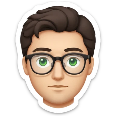 young man with dark slightly curled hair wearing glasses with green eyes and very light stubble, minimal facial hair sticker