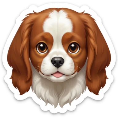 Cinematic Cute Blenheim Cavalier King Charles Spaniel Portrait Emoji, Head tilted playfully and inquisitively, silky Blenheim coat with warm chestnut and crisp white patches, round, sparkling brown eyes filled with curiosity, Simplified yet irresistibly adorable features, highly detailed, glowing with a warm, friendly glow, high shine, affectionate and lively, stylized with a touch of whimsy, bright and endearing, soft glowing outline, capturing the essence of a mischievous yet loving pup, so playful it feels like it could pounce out of the screen and into your arms! sticker